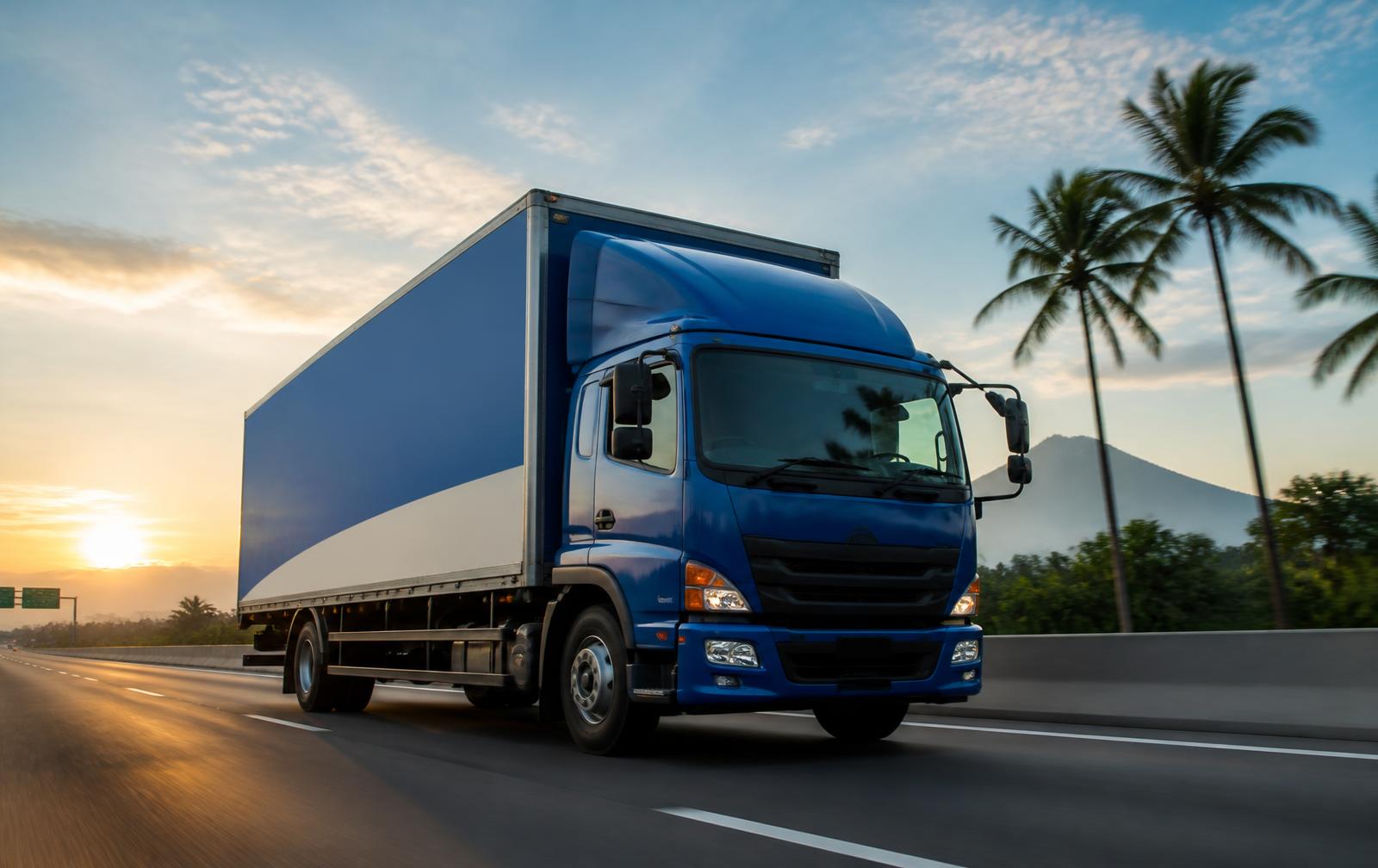 Armada truk SGX Logistics melintasi jalan raya di Indonesia